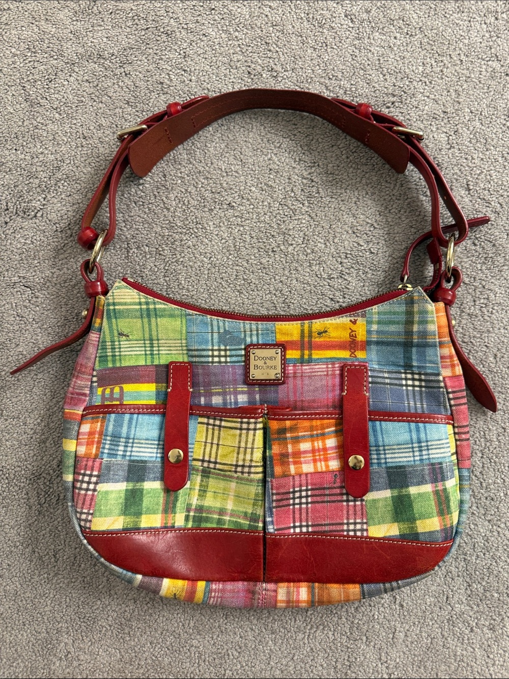 Dooney & Bourke Multicolor Plaid Shoulder Bag with Red Trim